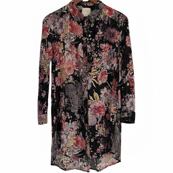 Maeve Dresses & Skirts - Maeve Anthropologie Floral Button Down Shirt Dress M Shimmer Dot Rayon Tunic